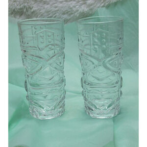 Prince of Scots 15oz Clear Glass Tiki Faces Drinking Glasses Set of 2